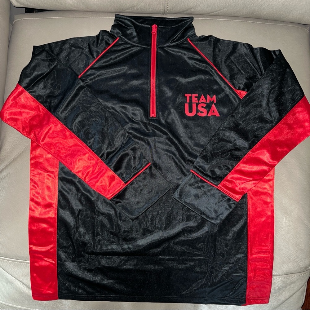 New TEAM USA Quarter Zip Pullover Long Sleeve Top size Men L black/red polyester